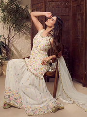 White Floral Multi Thread and Sequines Embroidered Kurta Set