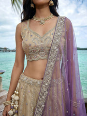 Women's Cream Tissue Beads with zari Embroidered Lehenga Choli with Dupatta