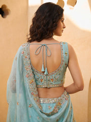 Women's Aqua Blue Organza Zarkan, Multi-Color Thread, Golden Sequin Embroidered Lehenga Choli with Dupatta