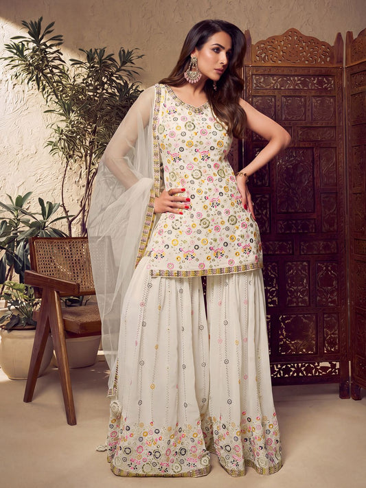 White Floral Multi Thread and Sequines Embroidered Kurta Set