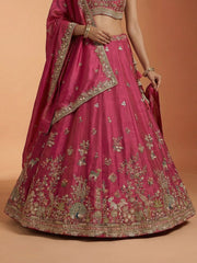 Pink Tissue Sequience Thread Embroidered Semi-Stitched Lehenga