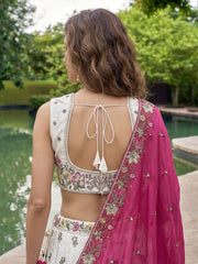 Women's Grey and Pink Chiffon Beads with Embroidered Lehenga Choli with Dupatta