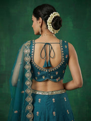 Women's Teal Chinnon Moti with Sequince Embroidered Lehenga Choli with Dupatta