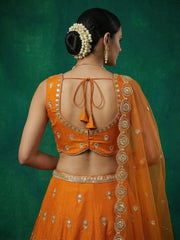 Women's Orange Chinnon Moti with Sequince Embroidered Lehenga Choli with Dupatta