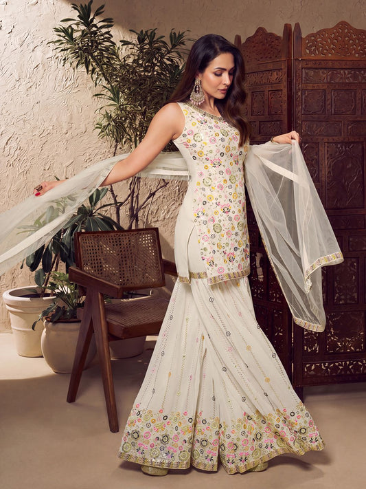 White Floral Multi Thread and Sequines Embroidered Kurta Set