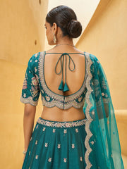 Women's Teal Blue Tissue Mirror sequince Embroidered Lehenga Choli with Dupatta