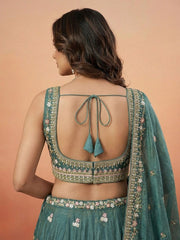 Green Tissue Sequience Thread Embroidered Semi-Stitched Lehenga