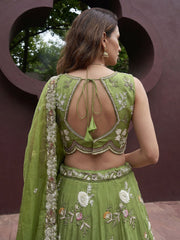 Women's Pista Tissue Woolen Embroidered Lehenga Choli with Dupatta