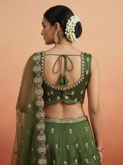 Women's Olive Chinnon Moti with Sequince Embroidered Lehenga Choli with Dupatta