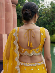 Women's Mustard Tissue Mirror sequince Embroidered Lehenga Choli with Dupatta