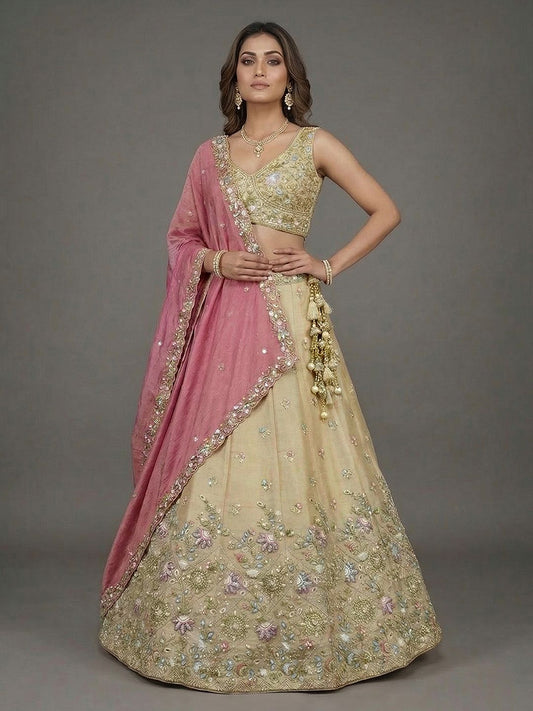 Women's Beige & Pink Tissue Beads with Embroidered Lehenga Choli with Dupatta