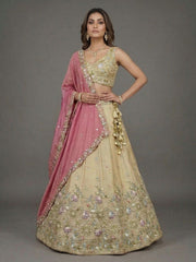 Women's Beige & Pink Tissue Beads with Embroidered Lehenga Choli with Dupatta
