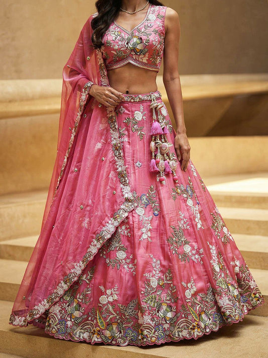 Women's Pink Tissue Woolen Embroidered Lehenga Choli with Dupatta