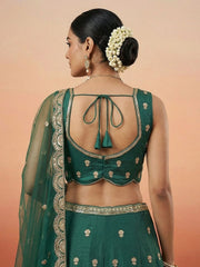 Women's Green Chinnon Silk Motif with Sequince Embroidered Lehenga Choli with Dupatta
