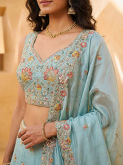 Women's Aqua Blue Organza Zarkan, Multi-Color Thread, Golden Sequin Embroidered Lehenga Choli with Dupatta