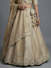 Women's Golden Silk Tissue Beads with Embroidered Lehenga Choli with Dupatta