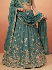 Green Tissue Sequience Thread Embroidered Semi-Stitched Lehenga