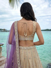 Women's Cream Tissue Beads with zari Embroidered Lehenga Choli with Dupatta