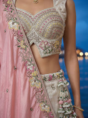 Women's White and Pink Chiffon Beads with Embroidered Lehenga Choli with Dupatta
