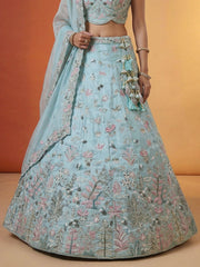 Women's Sky Organza Swarovski stones Embroidered Lehenga Choli with Dupatta
