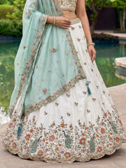 Women's Cream-Blue Organza Zarkan, Multi-Color Thread, Golden Sequin Embroidered Lehenga Choli with Dupatta