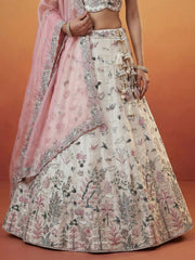 Women's White and Pink Organza Swarovski stones Embroidered Lehenga Choli with Dupatta