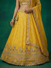 Women's Yellow Tissue Zarkan Embroidered Lehenga Choli with Dupatta