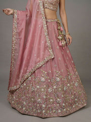 Women's Pink Tissue Beads with Embroidered Lehenga Choli with Dupatta