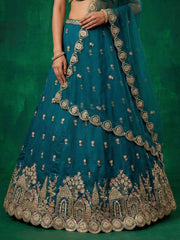 Women's Teal Chinnon Moti with Sequince Embroidered Lehenga Choli with Dupatta