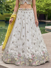 Women's Grey and Mustard Chiffon Beads with Embroidered Lehenga Choli with Dupatta