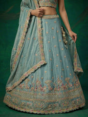 Women's Turquoise Tissue Zarkan Embroidered Lehenga Choli with Dupatta