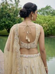 Women's Beige Tissue Mirror sequince Embroidered Lehenga Choli with Dupatta