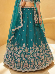 Women's Teal Blue Tissue Mirror sequince Embroidered Lehenga Choli with Dupatta