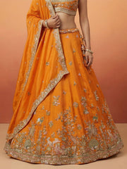 Orange Tissue with Colourful Peacock Embroidery Semi-Stitched Lehenga Set