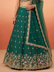 Women's Green Chinnon Silk Motif with Sequince Embroidered Lehenga Choli with Dupatta