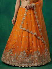 Women's Orange Chinnon Moti with Sequince Embroidered Lehenga Choli with Dupatta
