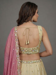 Women's Beige & Pink Tissue Beads with Embroidered Lehenga Choli with Dupatta