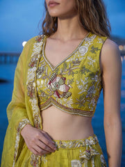 Women's Yellow Tissue Woolen Embroidered Lehenga Choli with Dupatta