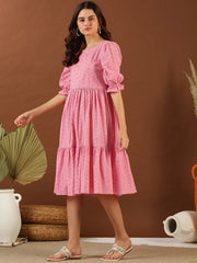 Pink Chikankari Embroidered Tiered Cotton Fit and Flare Midi Ethnic Dress