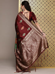 Maroon Ethnic Motifs Woven Design Zari Saree