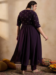 Floral Embroidered Empire Sequinned Georgette Anarkali Kurta with Trousers