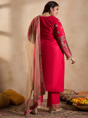 Tie-Up Neck Ethnic Motifs Embroidered Straight Kurta with Trouser & Dupatta