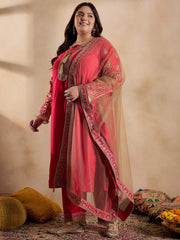 Tie-Up Neck Ethnic Motifs Embroidered Straight Kurta with Trouser & Dupatta
