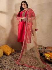 Tie-Up Neck Ethnic Motifs Embroidered Straight Kurta with Trouser & Dupatta