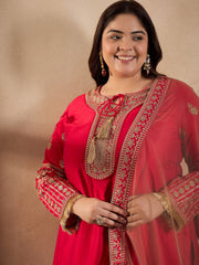Tie-Up Neck Ethnic Motifs Embroidered Straight Kurta with Trouser & Dupatta