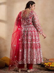Floral Embroidered Thread Work Anarkali Net Kurta with Trousers & Dupatta