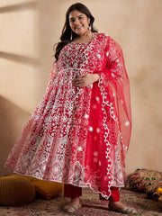 Floral Embroidered Thread Work Anarkali Net Kurta with Trousers & Dupatta
