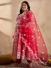 Floral Embroidered Thread Work Anarkali Net Kurta with Trousers & Dupatta