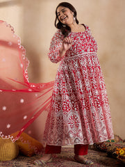 Floral Embroidered Thread Work Anarkali Net Kurta with Trousers & Dupatta