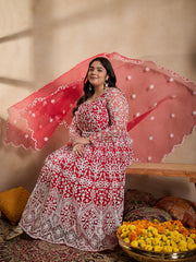 Floral Embroidered Thread Work Anarkali Net Kurta with Trousers & Dupatta